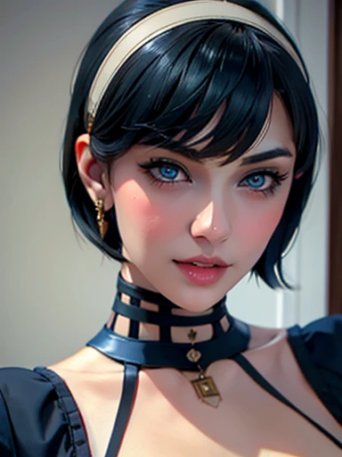 beautiful face, short black hair, bobcut, Big blue eyes, perfect detailed face, full lips posing sexy vampire fangs, 