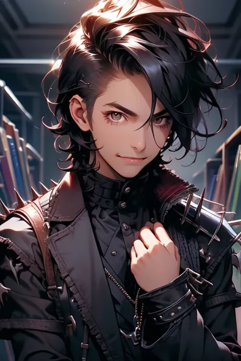 Perfect face. Perfect hands. A man with spiky black hair and brown eyes in a Gothic suit is smiling while passing out leather textbooks in a Gothic classroom.
