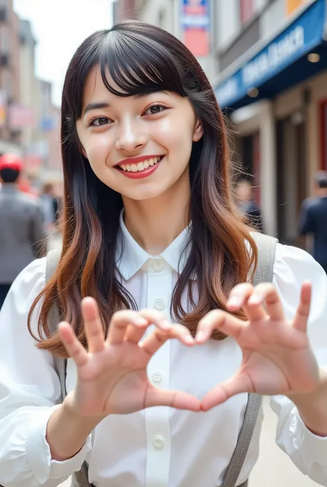 full body image, portrait photo. jgpr has long brown hair, gradient hair, bangs, brown eyes. she is smiling in the streets, maki...