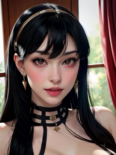 beautiful face, black hair with front bangs, big red eyes, perfect detailed face, full lips posing sexy vampire fangs, 