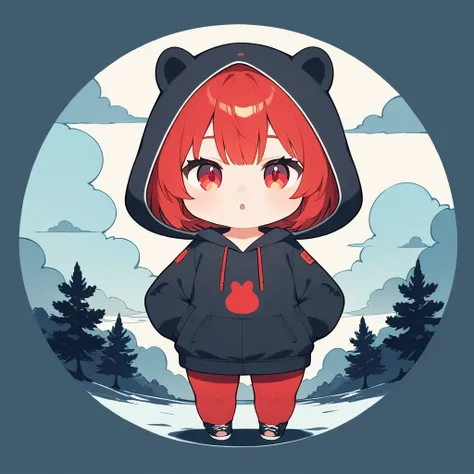 Icon-style illustration、(超High resolution:1.2),(Absurd:1.2),(High resolution:1.2),(Best Quality:1.2),Chibi,cool,Simple pattern for background、Shortcuts、Dark short hair、Red eyes、hoodie、pants