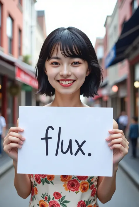 jgpr, 1girl, bobbed hair, black hair, blunt bangs, black eyes, she smiles on the street and holds a sign that reads "flux"