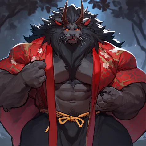 Swole, muscular, big biceps, perfect anatomy, Bara Lion, very dark brown fur, black mane, orange eyes, cat eyes, glowing eyes, epic fantasy art style, the former demon king, epic fantasy style art, dark fantasy style art, detailed digital 2d fantasy art, e...