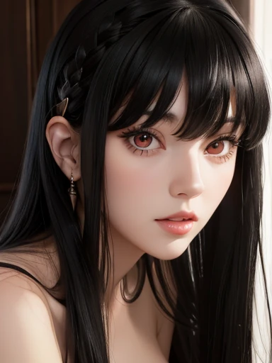 beautiful face, black hair with front bangs, big red eyes, perfect detailed face, full lips posing sexy, big tits nsfw 