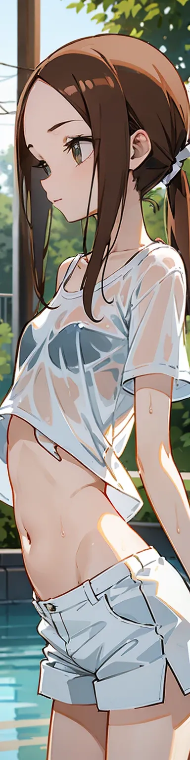 1 girl, imouto, teen, , small breasts, flat chest , slim, slender, wet oily body, damaged swimsuit , outside, , white shorts, white tee shirt, wind ligting shirt, bellybutton, 