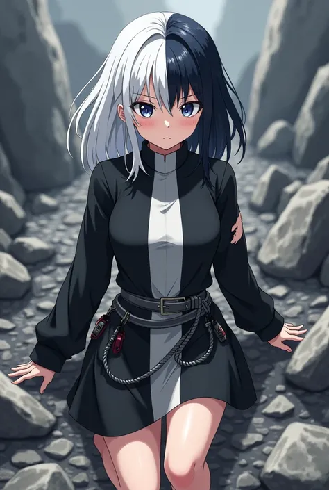 A girl in an anime style with white hair on the right and black on the left and in the middle, extended together, white eyes on the right and black on the left, wearing a black sweater with a wide white vertical line in the middle that reaches halfway down...