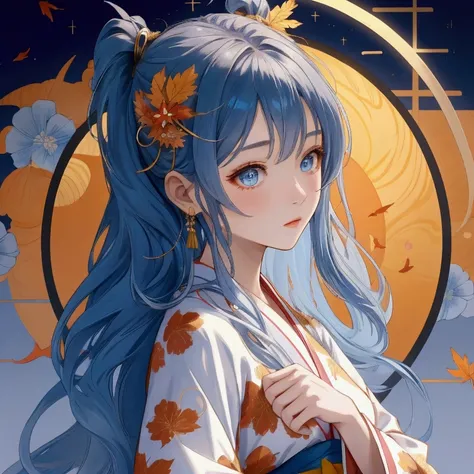 Autumnal background、Yukata、Outstanding style、Blue long hair、Blue narrow eyes、Pretty Girl、Very fair face and skin