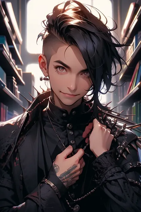 Perfect face. Perfect hands. A man with spiky black hair and brown eyes in a Gothic suit is smiling while helping a student out in a Gothic classroom.