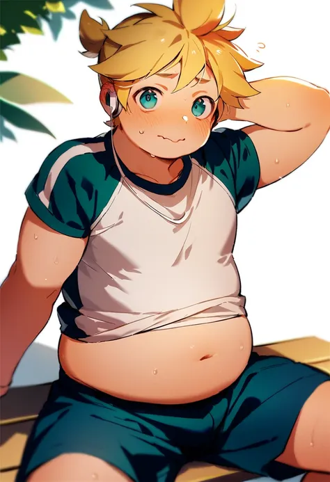 1 boy, (male child), (kagamine len), (cute), significantly overweight, sports uniform, chubby, earphone, (belly button exposed),...