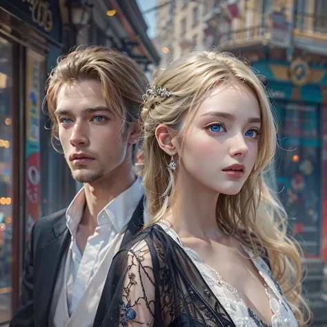 masterpiece: 1.2, Portraiture, Best Quality), Realistic, (live-action, Intricate details, Written boundary depth), Best Quality, masterpieceAttention to detail, semi-Realistic, In the city , blue eyes, blonde、 Slim figure、Shoulder Bare、Antique Tuxedo、Who i...