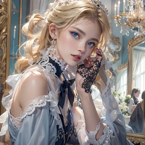 masterpiece: 1.2, Portraiture, Best Quality), Realistic, (live-action, Intricate details, Written boundary depth), Best Quality, masterpieceAttention to detail, semi-Realistic, In the city , blue eyes, blonde、 Slim figure、Shoulder Bare、Antique Tuxedo、mirro...