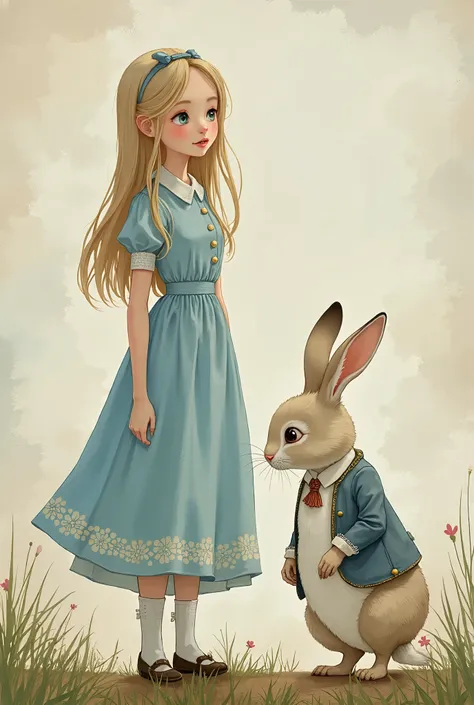 portrait、tim burton style、alice in wonderland、alice and the rabbit、cute alice、a pale-colored world、have、