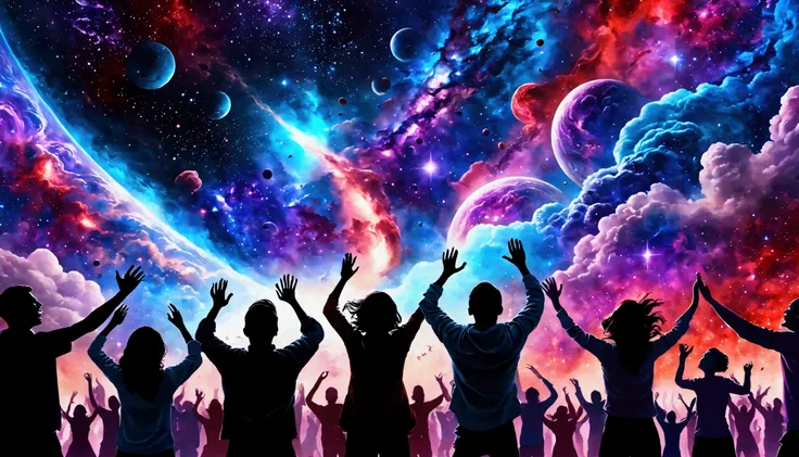 people screaming feeling fear, background galaxy, red, blue and purple