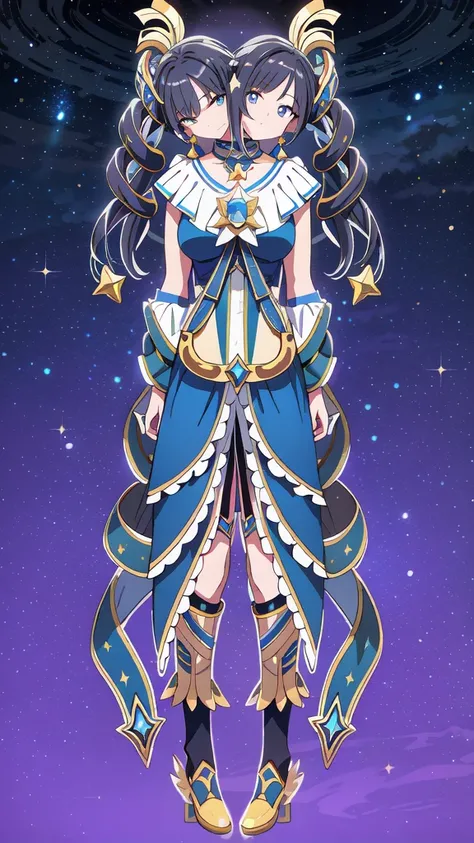 (masterpiece, best quality), best resolution, 16k, full body shot, break (2heads:1.5), close-up, 1girl, Alone, Anime girls in blue and gold outfits standing next to each other, Star Witch Clothes, !!Full body portrait!!, Beautiful celestial mage, symmetry!...