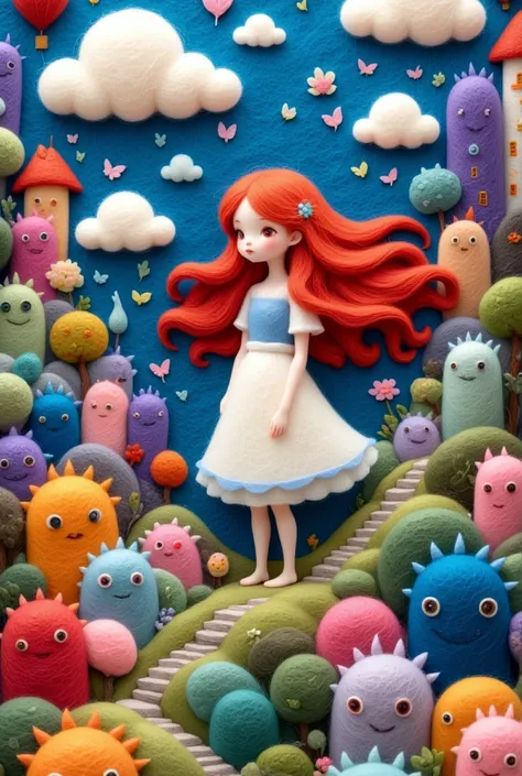 A delicate felt painting：Many huge monsters，Girl with long red hair，Dreamy and beautiful，Fairy Tale World，Sponge texture
