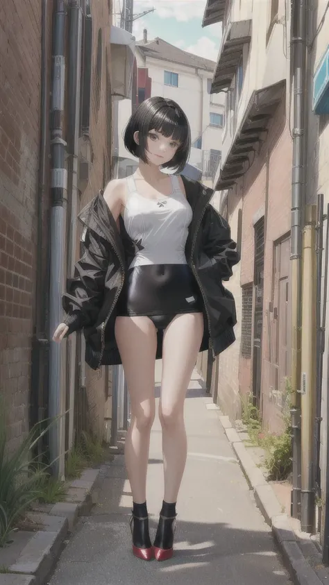 Beautiful girl with short black hair，jacket，T-line swimsuit，Bare Legs，black socks，High heels，in the alley