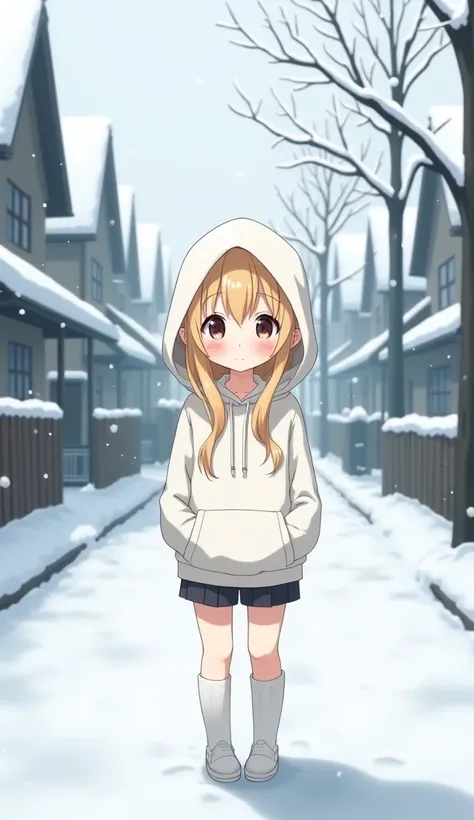 masterpiece, Best Quality, High resolution, Very detailed,(((Cute blonde girl))), (((Japanese Anime))), (((White hoodie))), (((wearing a hood))), (((White knee socks))), (((Residential Street))), (((heavy snow))), (((Snow is falling)))