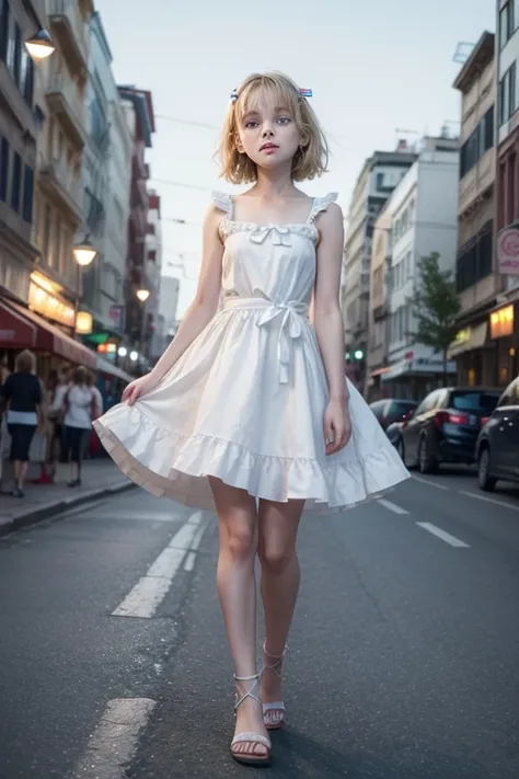 Extremely charming eleven year old , Blonde shoulder-length hair , big, expressive blue eyes , white dress with a red ribbon tied at the waist , white sandals , full body , walking through a city , at night , full moon night