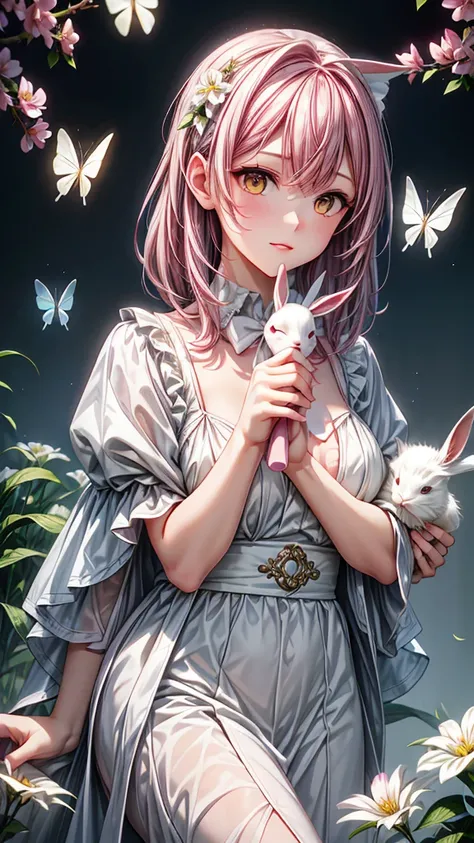 detail, Realism, 4K, , 脸部detail, Big yellow eyes, Full lips, Upturned nose, Gray hair，With pink hair, Wearing a white dress, Holding a rabbit in hand, Flowers in the background, White butterfly in the foreground, Realistic shooting, Depth of Field, Soft fr...