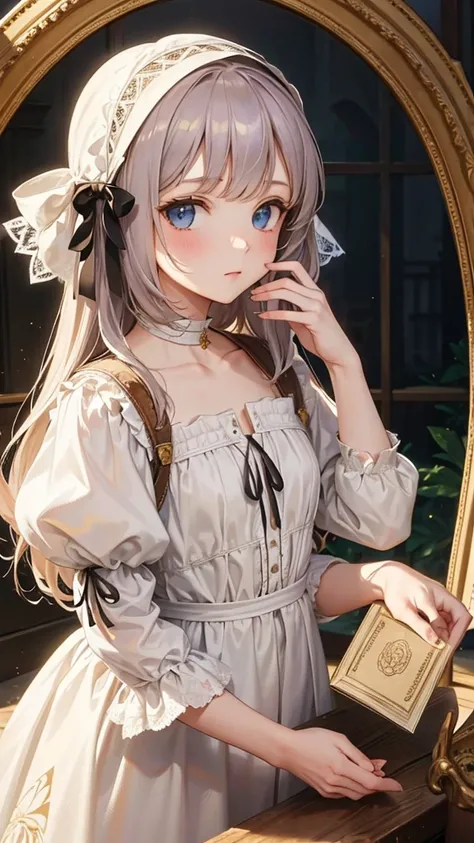 À la Fed image of a girl in a white lace dress and Leonardo da Vinci&#39;s notebooks in the background, Amazing young ethereal figure, Magical Girl Images, Portrait of a young witch girl, Girl in steampunk clothes, Music girl in lace clothes, Natalia Dell,...