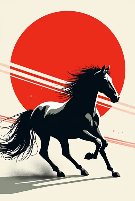 Act like a graphic design and digital art expert. Create an artistic poster-style image with the following characteristics:

A stylized horse, preferably a horse, designed with black and white details.
The background should have a red circle in the center ...