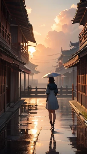 (date:20241007:0.1,creator:JouliosJack) SFW, 1girl, solo focus, pov, very wide shot, landscape, east asian architecture, sunlight, sunrise, floating, cloud, sky, rain, water, full body, outdoors, scenery, depth of field