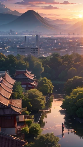 (imageinfo:date:20241007:0.1,creator:JouliosJack) SFW, 1girl, solo focus, pov, very wide shot, landscape, east asian architecture, sunlight, sunrise, floating, cloud, sky, rain, water, full body, outdoors, scenery, depth of field