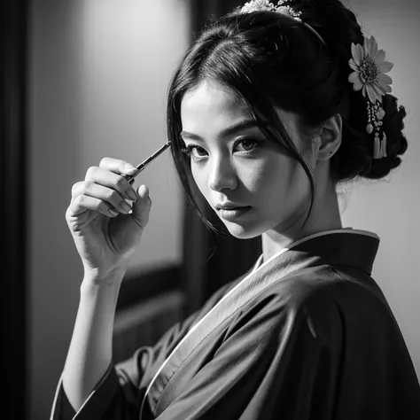 monochrome, (((medium full shot))), (best quality, ultra-detailed:1.3), (nice hands, perfect hands), official art, cinematic light, (1girl:1.3), adulthot girl, A black and white ink drawing of a futuristic geisha girl wearing a kimono. It is monochrome and...