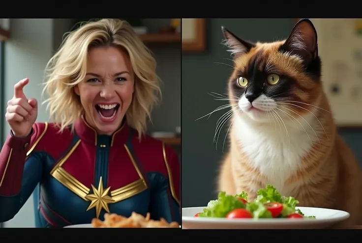 The left hand of the split view is Captain Marvel Brea Larson, drunk and yelling and pointing at left side of screen. Right half of screen a smug cat is eating a salad
