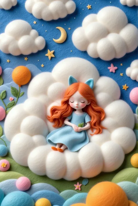 a delicate felt painting：girl sleeping on a fluffy cloud，dreamy colors，fairy tale