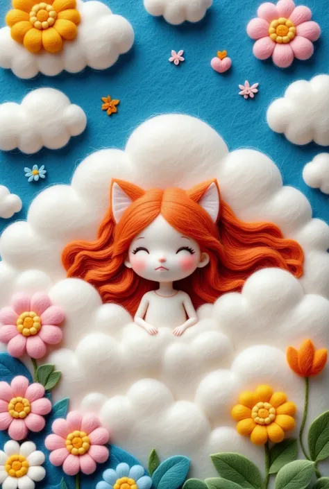 a delicate felt painting：girl sleeping on a fluffy cloud，sleeping cat，sweet dreams，dreamy colors，fairy tale