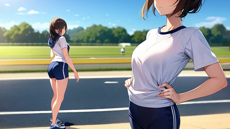 Young woman standing at the starting line on a track at a sports festival。Gym clothes fluttering in the wind、The figure staring ahead with a concentrated expression、A scene that evokes the energy and vitality of youth。