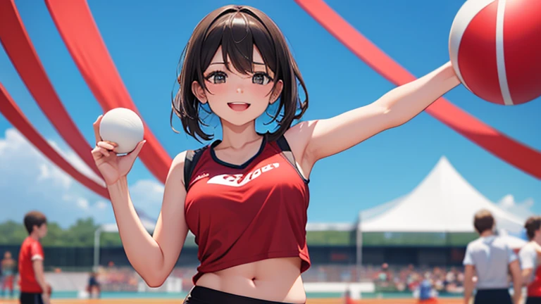 A young woman taking part in a ball throwing competition at a sports festival。The moment she throws the ball high in the air while wearing her gym clothes、A lively and fun atmosphere spread with smiles、A moment of youth is depicted。