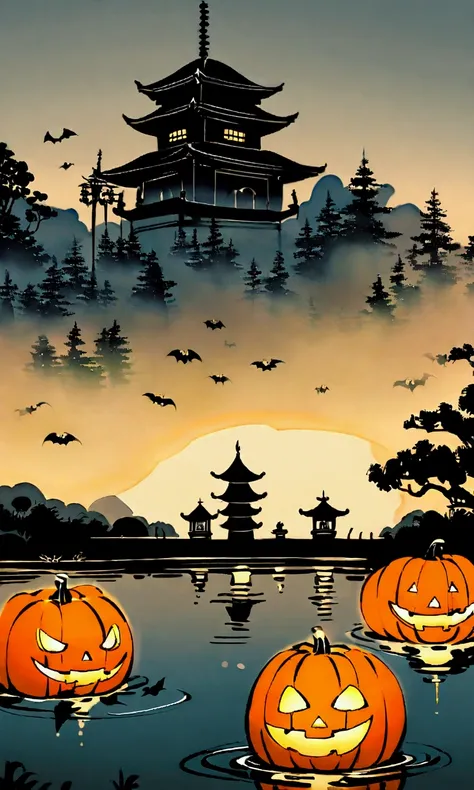 Halloween, Many water pumpkins floating in the pond，There is a hazy mist on the water，There is a pagoda beside the pond.，Peaceful evening atmosphere，Ink Style