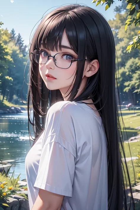 a girl with long straight black hair, blunt bangs, expressionless face, wearing an oversized t-shirt, glasses, beautiful detaile...