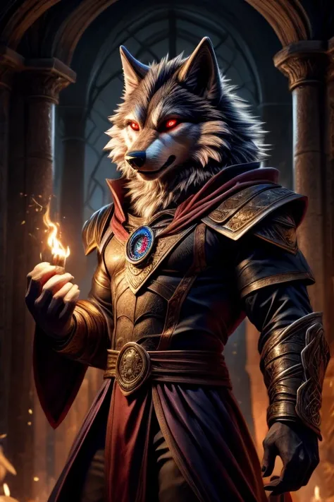 Humanoid wolf in wizards clothing, his eyes glowing red