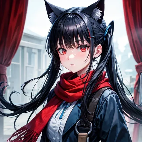 Red Eye　Light Blue Scarf　Twin tails　Black Hair　cat ears　　Blue Ribbon　Gun Woman　The World of Westerns　