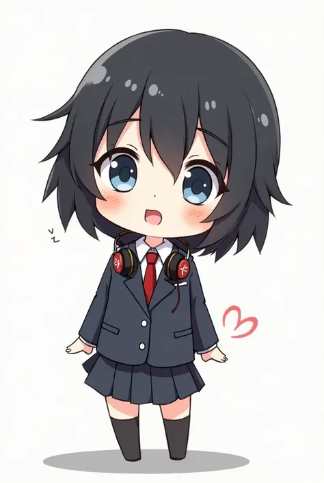 solo, ((Shortcuts))、A child in a uniform with headphones around his neck((((Be gender-ambiguous))))､((Chibi Character))High resolution, accurate, Best Quality, Black Hair, Focus: 135mm, Anime Style, 