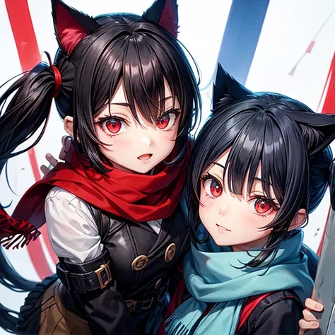 Red Eye　Light blue scarf　Twin tails　Black Hair　Cat ears　(((spats)))