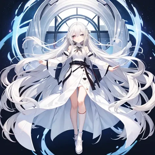 Long silver hair、Expressionless、Full-body white clothing、Beautiful girl