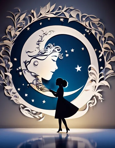 fusion of paper cutting and shadow puppetry, 1girl playing with a crescent moon, conceptual installation art, fantasy effects, delicate and dynamic textures, contrasts of light and shadow, 2.5D, digital graphic CG, absolutely resolution, best quality