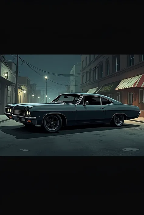 Create a GTA San Andreas style illustration of a matte black 67 Ford Impala, four doors, lateral