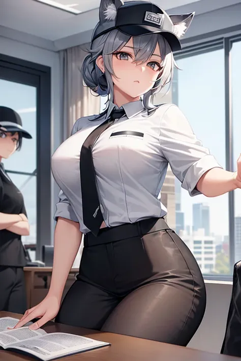 Tomboy Warden, Gray bun hairstyle, Gray wolf ears, Gray wolf tail, White police shirt with black tie, Police radio on shoulder, Black baseball cap with police badge, She sits at a desk surrounded by monitors., Prison Monitor Center room, daytime