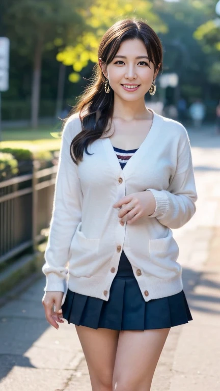 Japanese Mature,secretary,5,White skin,(plump,Large Breasts,Emphasizes plump thighs:1.2),(earrings,Japanese High School Uniform, Cardigan, micro mini skirt, Short socks, Wearing loafers:1.3),(Standing in the park,Full body shot from head to toe,Full body v...