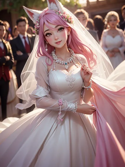 wonderful happy fox wedding , (soft focus ,  Shallow focus , soft light) , Mature , euphoria , glossy lips , moist eyes , coquettish , bold action , messy , flasher , wedding dress , beads