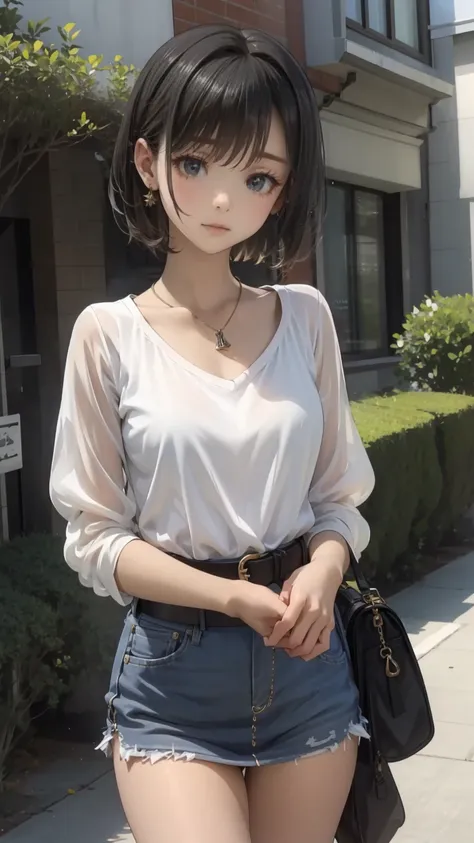 ((masterpiece, Please redeem, Very detailed)), Anime CG, One Girl, 20 years old, Full make-up, Black Hair, Bobcut, bangs, break ((Beautiful black eyes)), Big Eyes, Droopy eyes, medium breasts, Clevis, smile, View your viewers, Monochrome gothic casual spri...