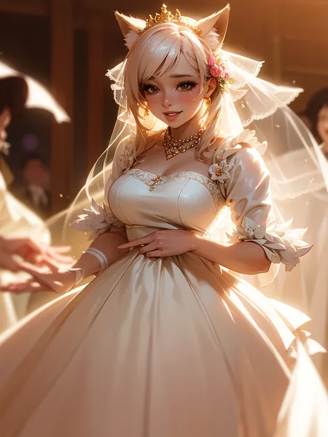 wonderful happy fox wedding , (soft focus ,  Shallow focus , soft light) , Mature , euphoria , glossy lips , moist eyes , coquettish , bold action , messy , flasher , wedding dress , Pull out the beads