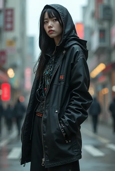 ((best quality)), ((masterpiece)), (detailed), ((Cyberpunk)), long shot, full shot, cyberpunk, Cyborg facing the right, the cyborgs mechanoid body of circuitry and wiring is visible through the unzipped black hooded coat that reaches down to the hips, the ...