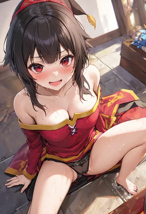 (NSFW:1.2)、(masterpiece、Best Quality、Super detailed、Anime-like、Built-in、Tabletop、Detailed face、cute)、Age 15、(((sweat)))、KonoSuba、Megumin、Black short hair、Red eyes、Sexy pose、Cleavage、Black underwear、((Dirty panties、Panty stains))、Focus on the groin、(((Smell...