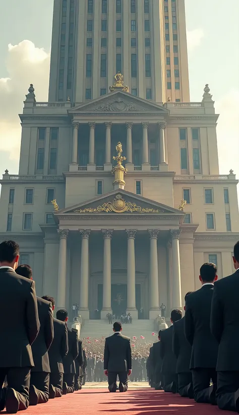 Salespeople kneeling on the ground in front of a large building